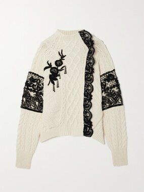 ERDEM Lace-trimmed embellished cable-knit wool-blend sweater, M